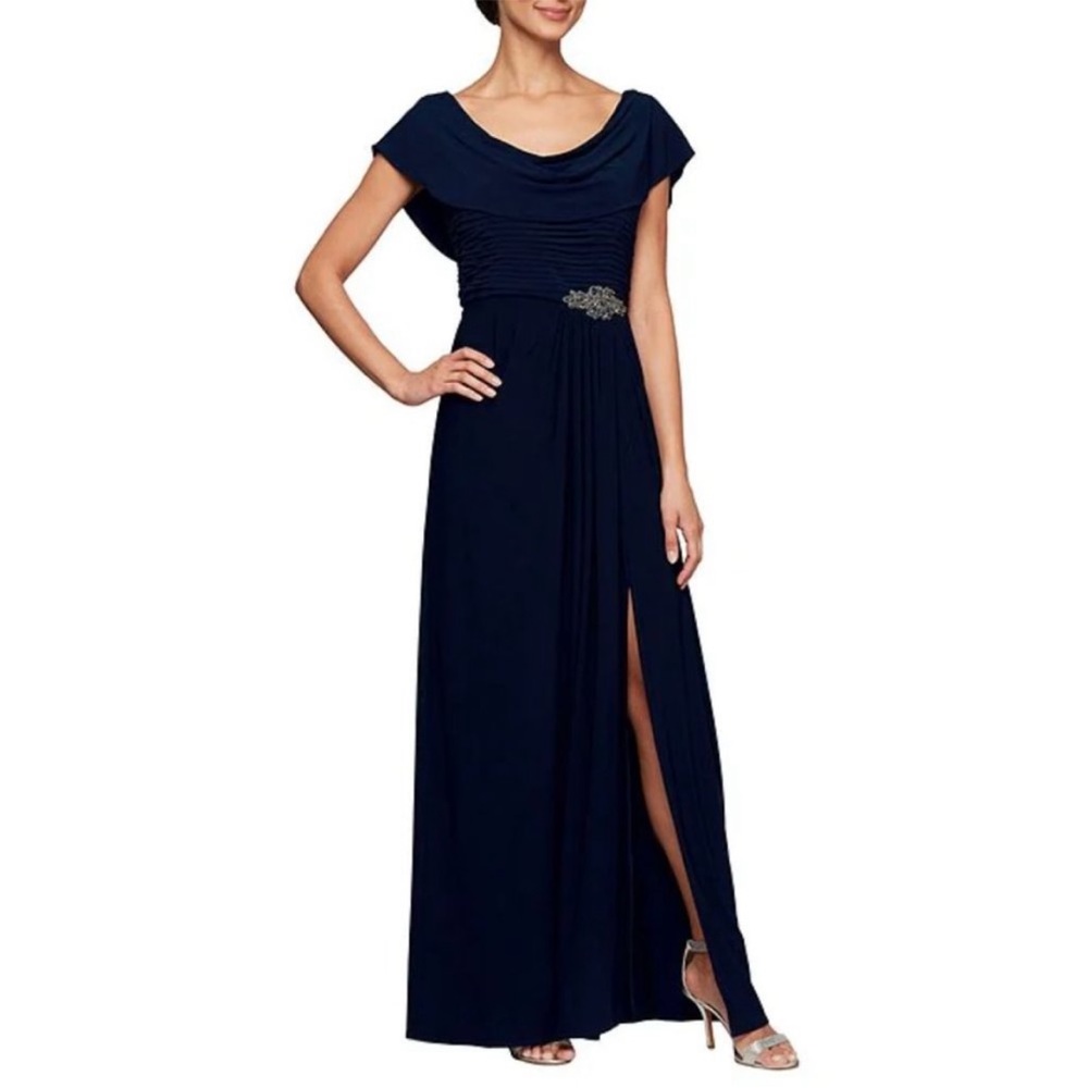 Alex Evenings Navy Blue Cowl Neck Beaded Waist Gown size 6 NEW